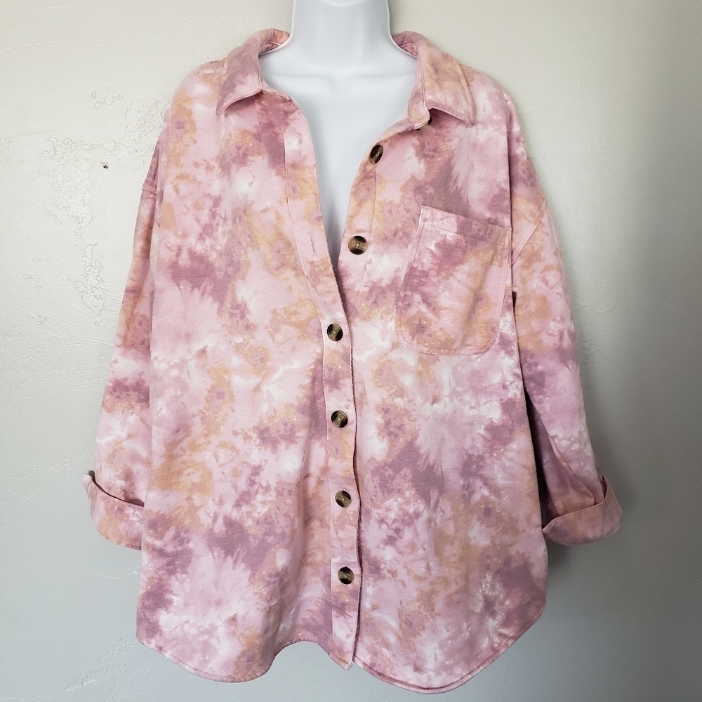 Maurices 2 2X Pink Purple Orange Tie Dye Shacket Button Up Jacket Soft Thick Top